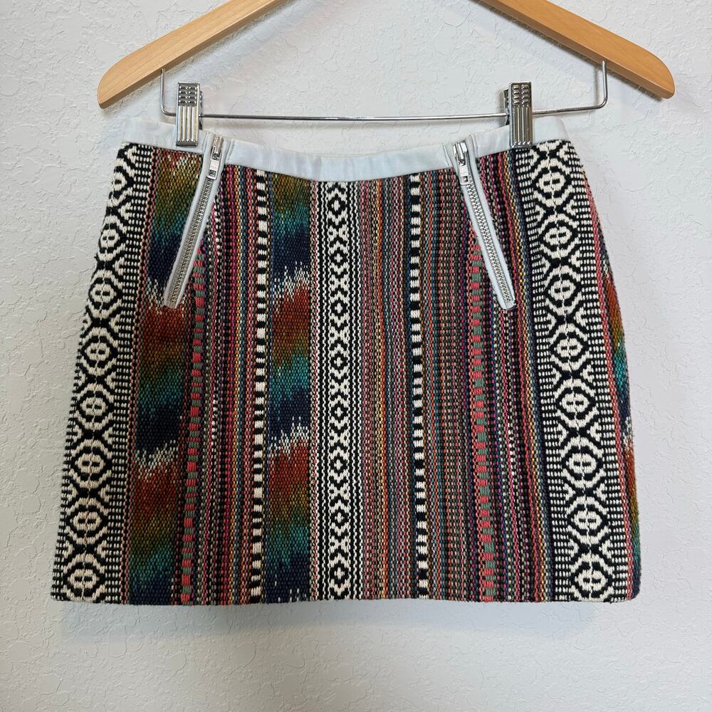 Maje Aztec Pattern Cotton Skirt with‎ Leather Trim Size 36 US Size Small